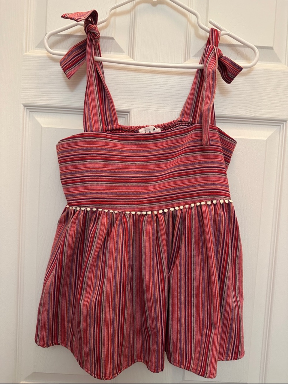 Red Striped Tie-Shoulder top